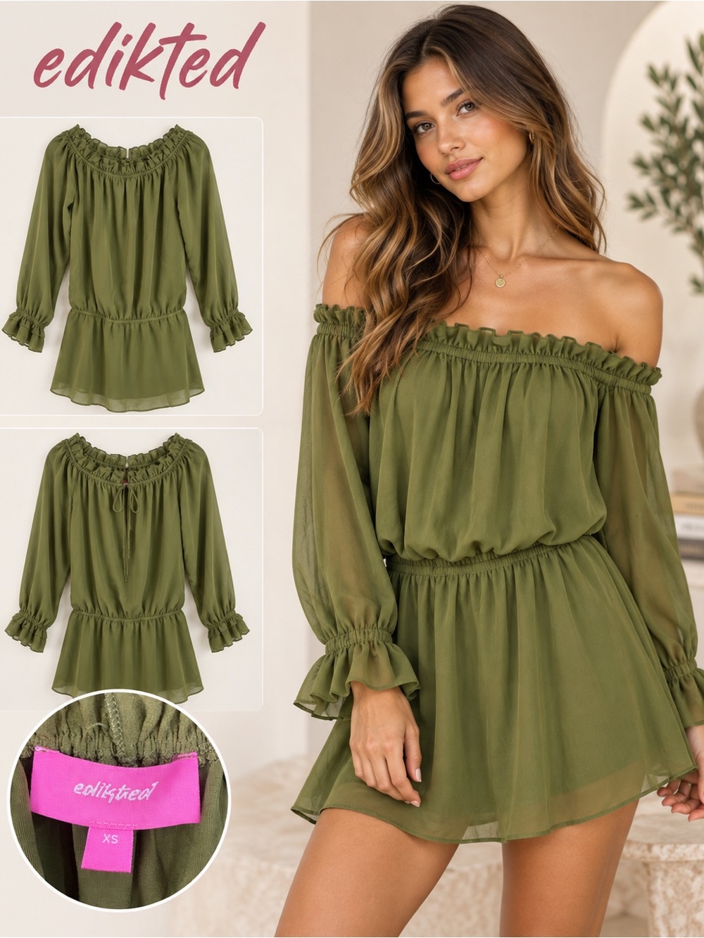 Edikted Off-Shoulder Olive Green Ruffle Mini Dress Size XS